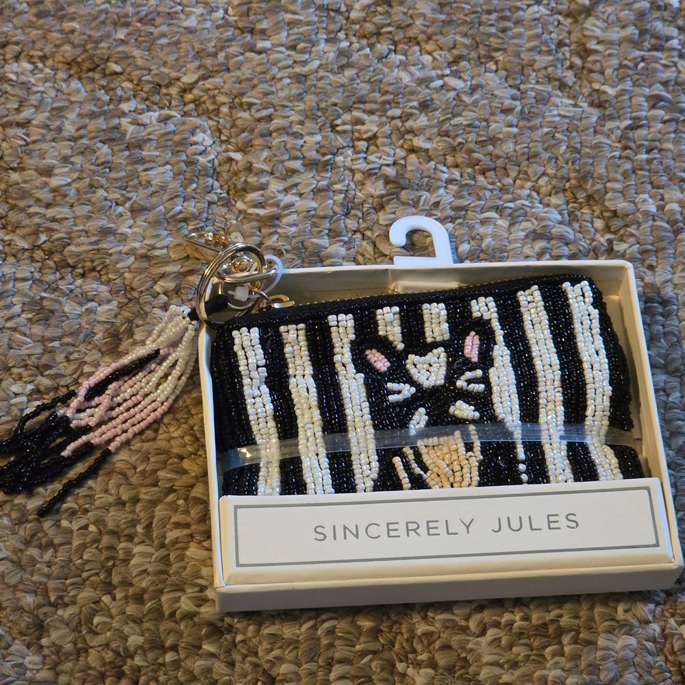 NEW Sincerely Jules Beaded Boston Terrier Coin Purse Black White Striped Tassel